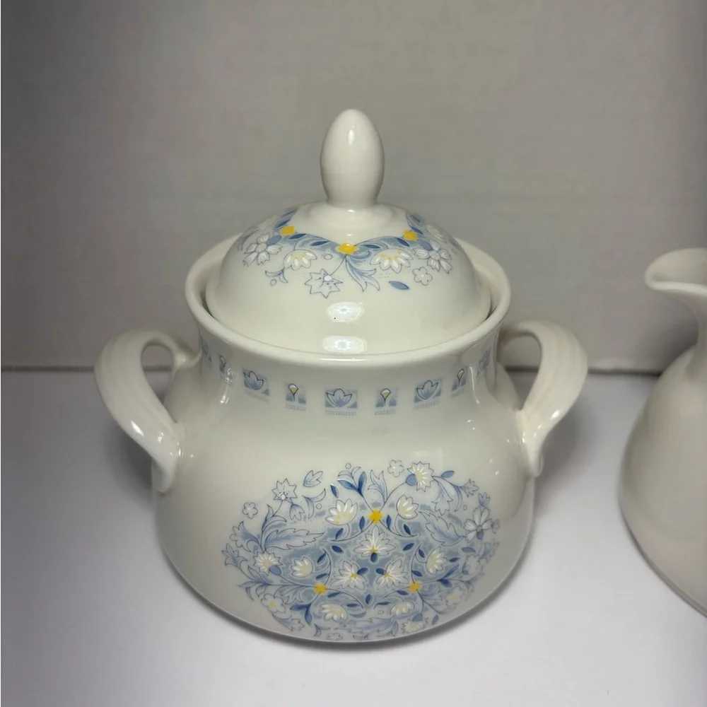Royal Doulton Blue Floral Sugar Bowl With Lid and Creamer Set Grannycore